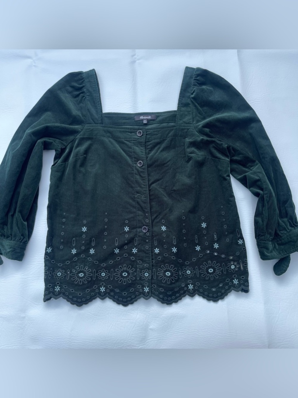 Madewell Embroidered Green Corduroy Tie Sleeve Eyelet Blouse Women size XS